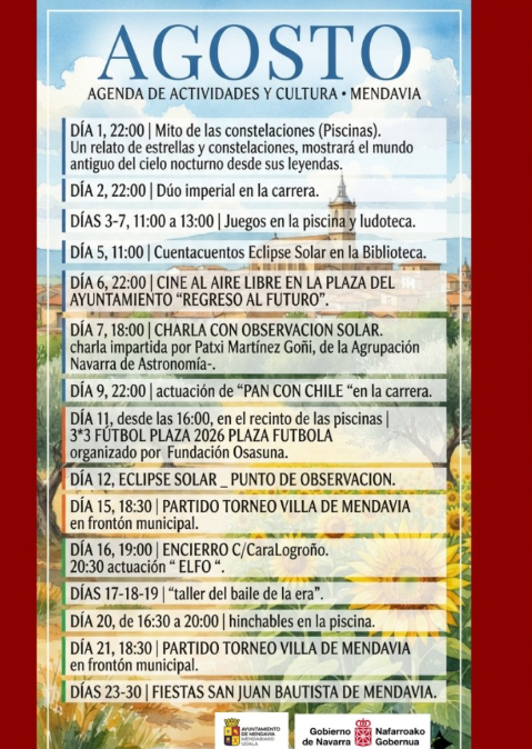 Cartel con el programa de actividades de agosto en Mendavia