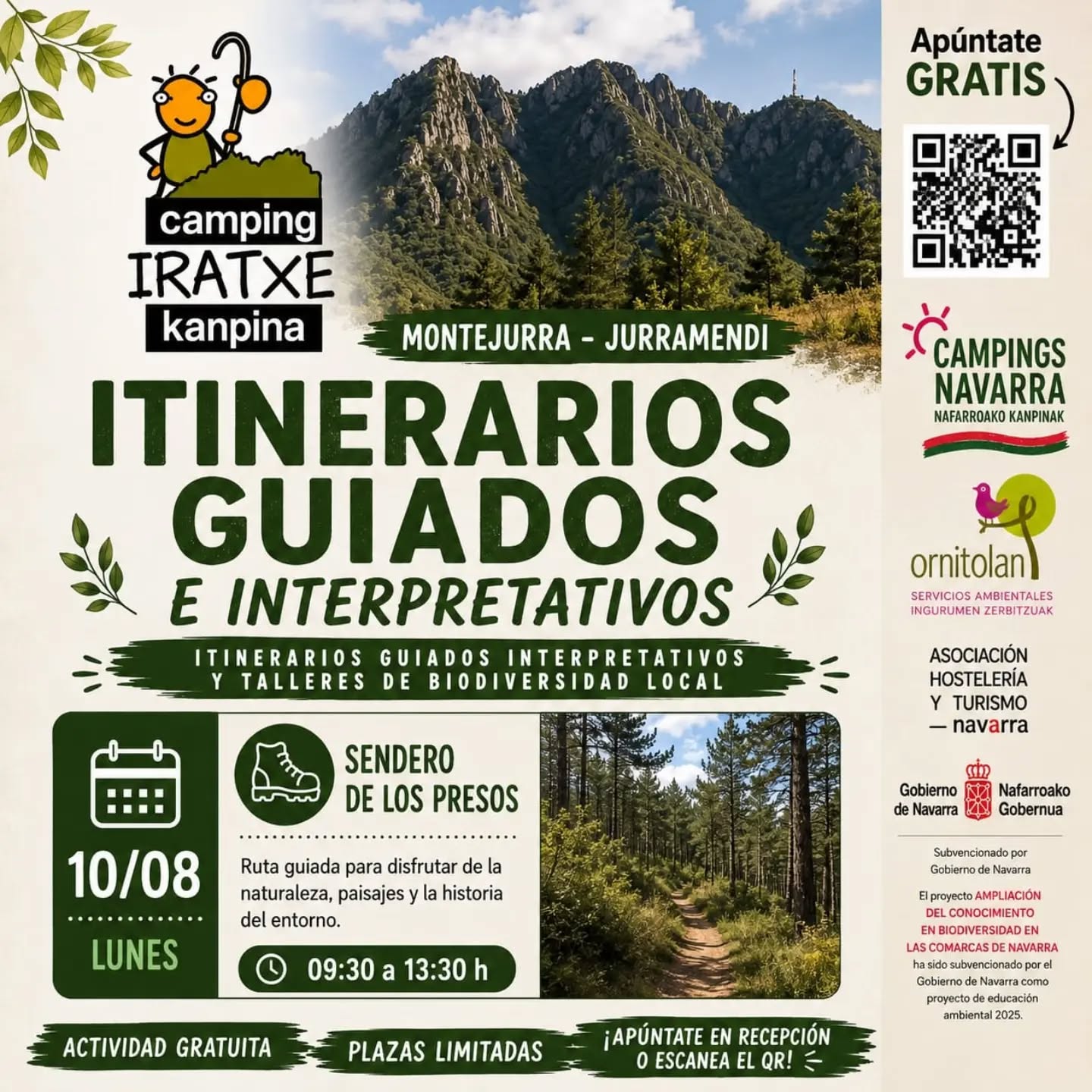 Cartel paseo guiado gratuito e interpretativo desde Camping Iratxe