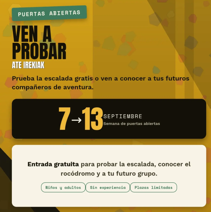 Cartel puertas abiertas rocódromo Mugitu