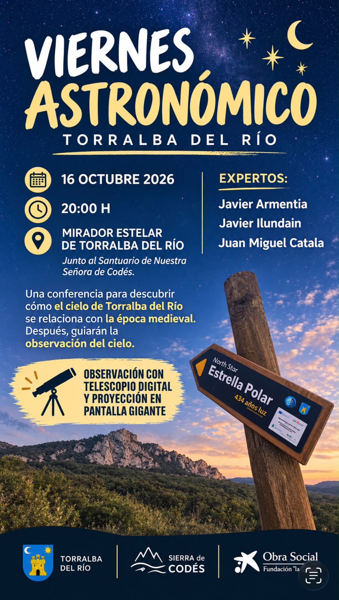 Cartel actividad viernes astronómico en Torralba del Río