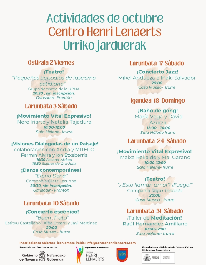 Cartel actividades de octubre en el Centro Henri Lenaerts de Irurre