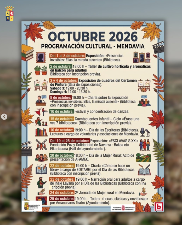 Cartel agenda cultural de octubre en Mendavia 2026